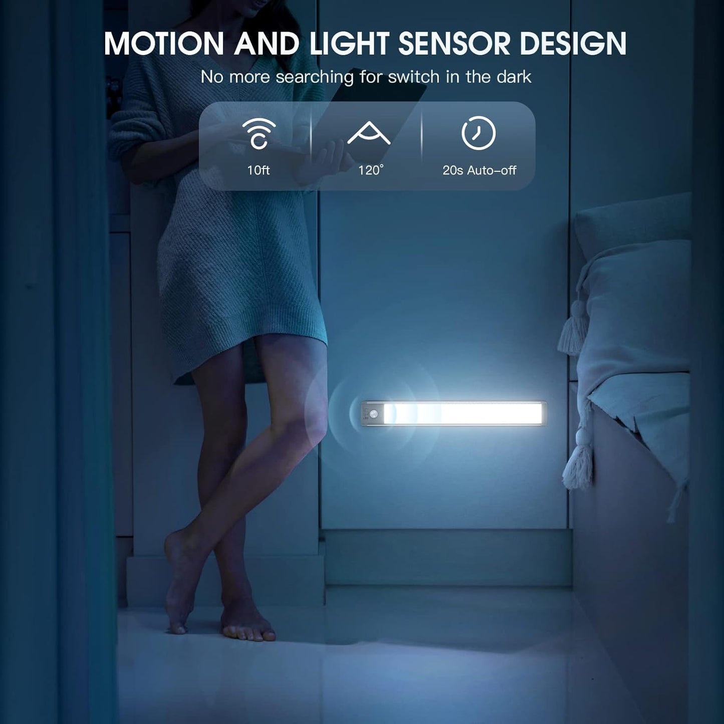 Under Cabinet Lights, 40 LED Rechargeable Battery Operated Motion Sensor Light Indoor, 2 Pack Magnetic Dimmable Closet Lights, Wireless Under Counter Lights for Kitchen, Stairs