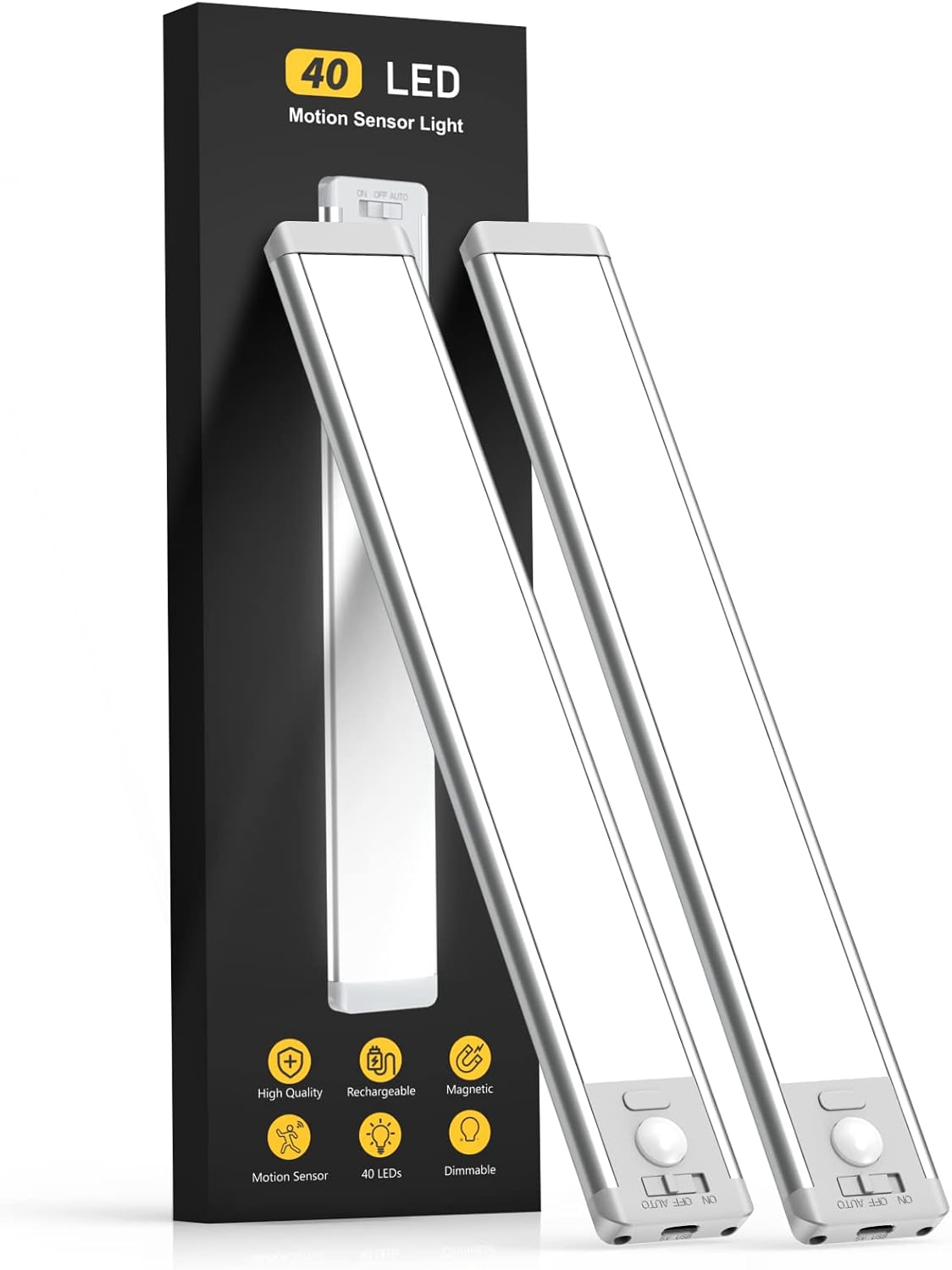 Under Cabinet Lights, 40 LED Rechargeable Battery Operated Motion Sensor Light Indoor, 2 Pack Magnetic Dimmable Closet Lights, Wireless Under Counter Lights for Kitchen, Stairs