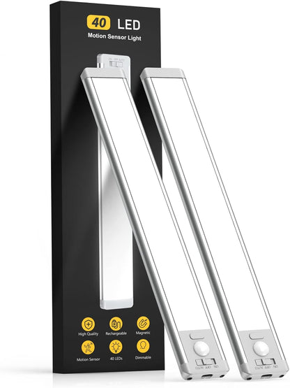 Under Cabinet Lights, 40 LED Rechargeable Battery Operated Motion Sensor Light Indoor, 2 Pack Magnetic Dimmable Closet Lights, Wireless Under Counter Lights for Kitchen, Stairs