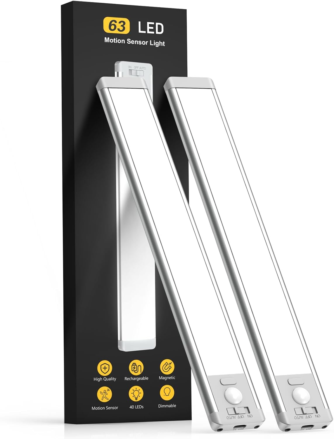 Under Cabinet Lights, 40 LED Rechargeable Battery Operated Motion Sensor Light Indoor, 2 Pack Magnetic Dimmable Closet Lights, Wireless Under Counter Lights for Kitchen, Stairs