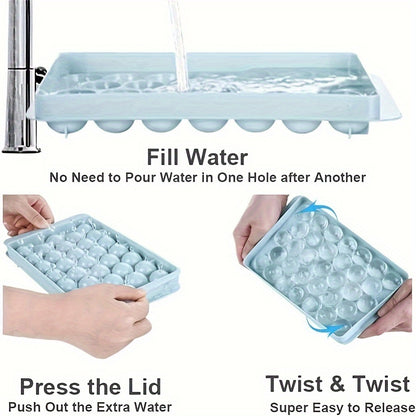Ice Cube Tray, Ice Cube Maker Polish Glossy   Dustproof 33 Grids Round Shape for Home Kitchen (Ball 33 Grid-Blue)