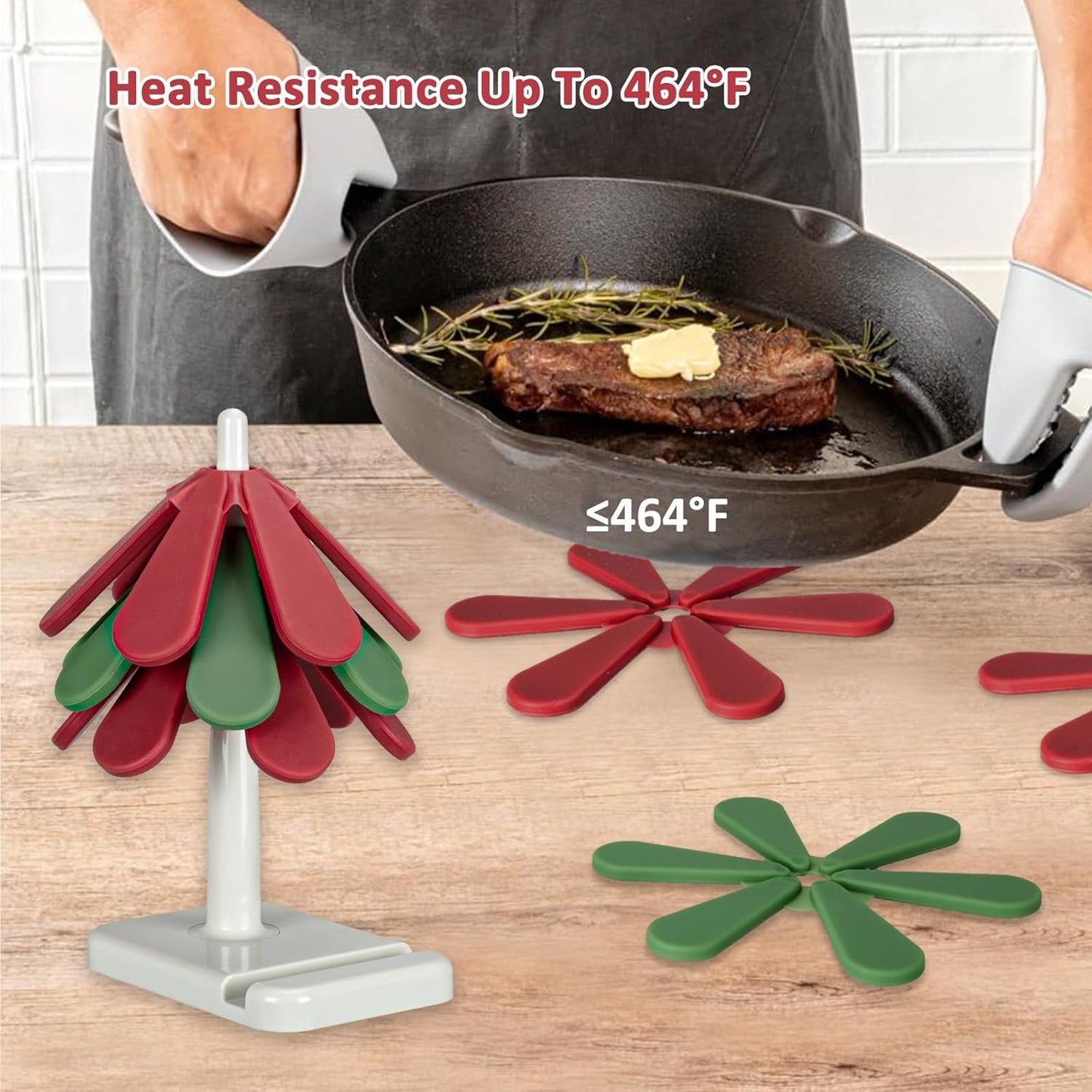 Tree Coasters, Silicone Trivets for Hot Pots and Pans, 3 Heat-Resistant Coasters with Stand, Ideal for Christmas Kitchen Decor (Square Base)