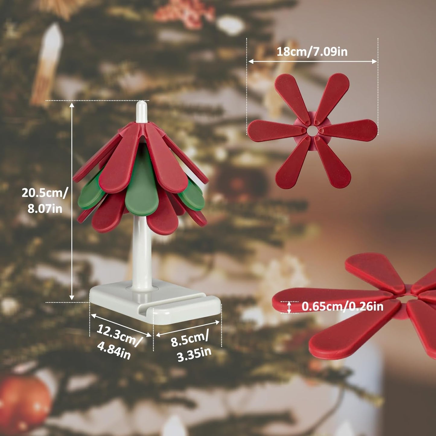 Tree Coasters, Silicone Trivets for Hot Pots and Pans, 3 Heat-Resistant Coasters with Stand, Ideal for Christmas Kitchen Decor (Square Base)