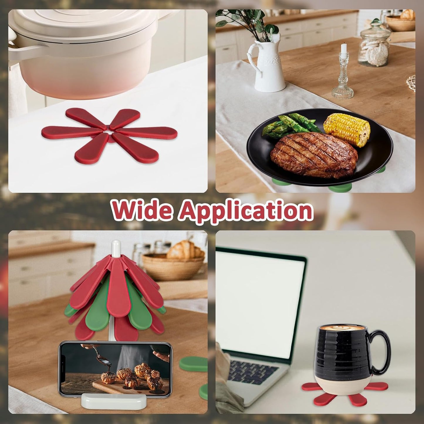 Tree Coasters, Silicone Trivets for Hot Pots and Pans, 3 Heat-Resistant Coasters with Stand, Ideal for Christmas Kitchen Decor (Square Base)