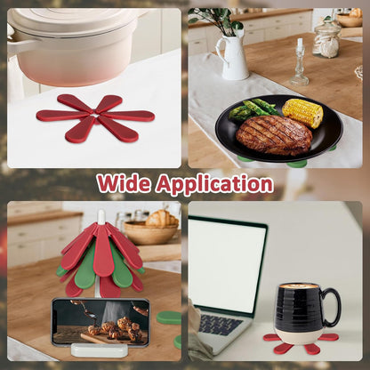 Tree Coasters, Silicone Trivets for Hot Pots and Pans, 3 Heat-Resistant Coasters with Stand, Ideal for Christmas Kitchen Decor (Square Base)