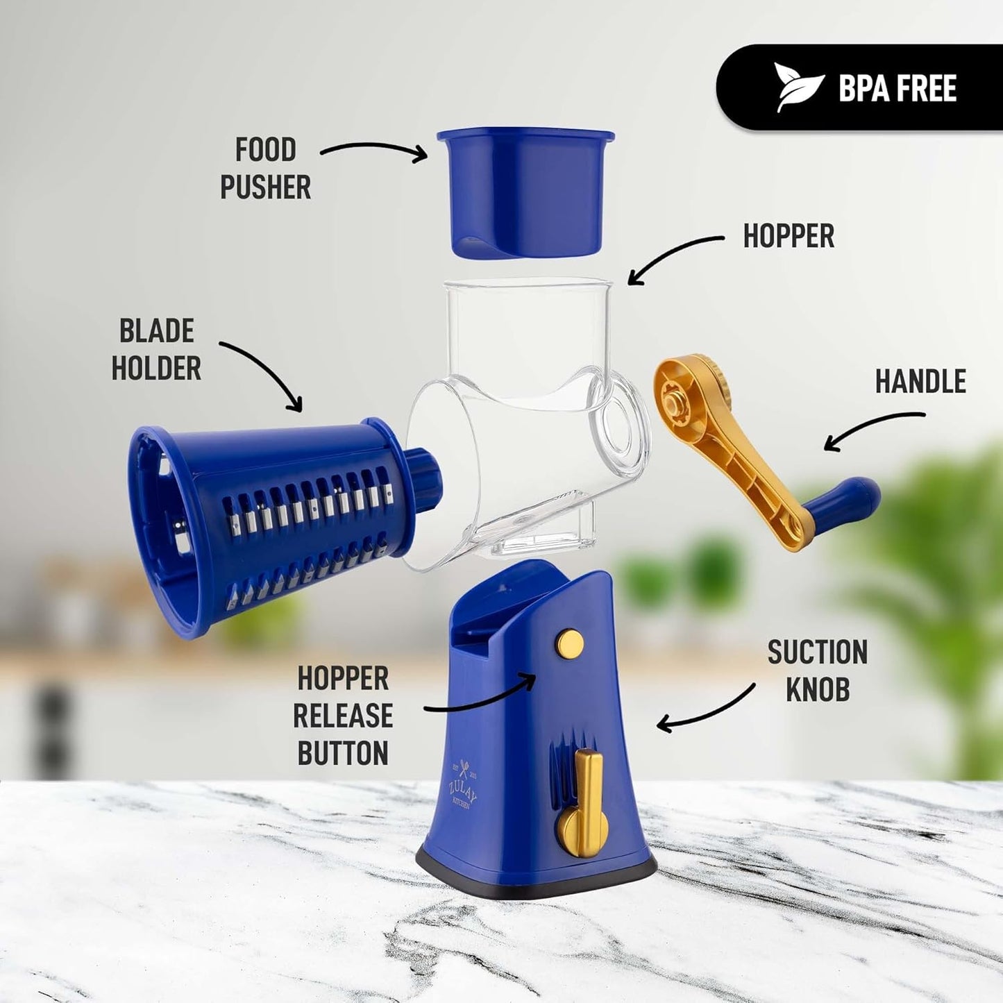 Kitchen Rotary Cheese Grater 5 Blade Cheese Shredder Manual Hand Crank Cheese Grater With Reinforced Suction & 5 Interchangeable Drums - Easy to Use, Vegetable Chopper Round Slicer