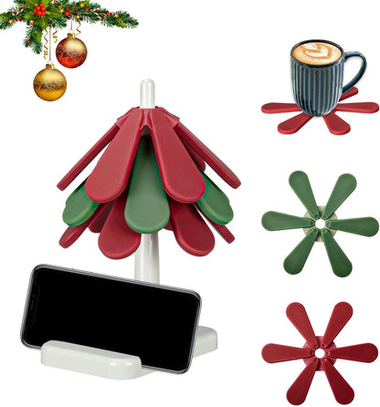 Tree Coasters, Silicone Trivets for Hot Pots and Pans, 3 Heat-Resistant Coasters with Stand, Ideal for Christmas Kitchen Decor (Square Base)