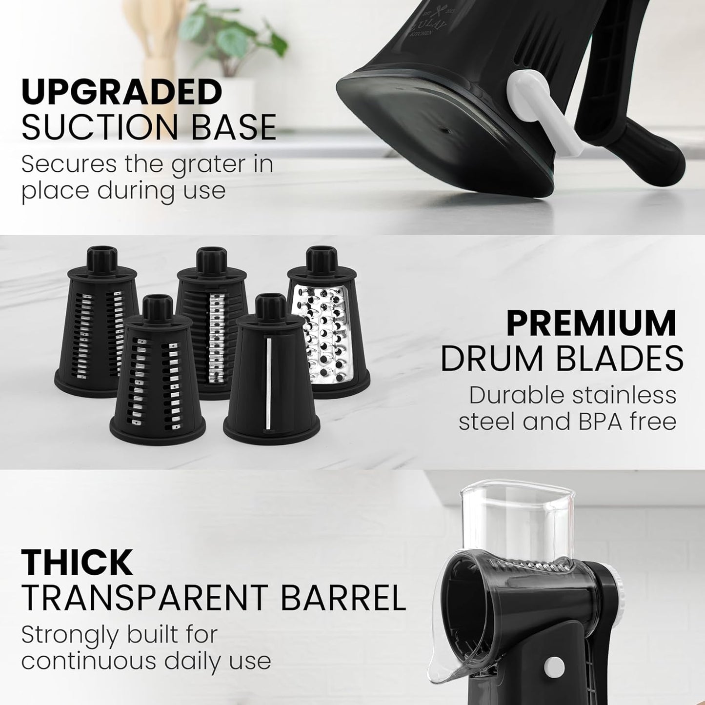 Kitchen Rotary Cheese Grater 5 Blade Cheese Shredder Manual Hand Crank Cheese Grater With Reinforced Suction & 5 Interchangeable Drums - Easy to Use, Vegetable Chopper Round Slicer