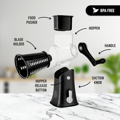 Kitchen Rotary Cheese Grater 5 Blade Cheese Shredder Manual Hand Crank Cheese Grater With Reinforced Suction & 5 Interchangeable Drums - Easy to Use, Vegetable Chopper Round Slicer