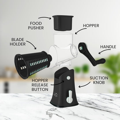Kitchen Rotary Cheese Grater 5 Blade Cheese Shredder Manual Hand Crank Cheese Grater With Reinforced Suction & 5 Interchangeable Drums - Easy to Use, Vegetable Chopper Round Slicer