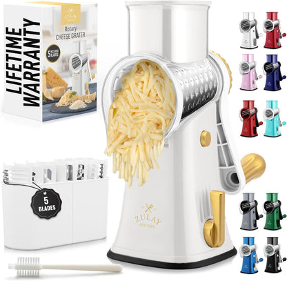Kitchen Rotary Cheese Grater 5 Blade Cheese Shredder Manual Hand Crank Cheese Grater With Reinforced Suction & 5 Interchangeable Drums - Easy to Use, Vegetable Chopper Round Slicer