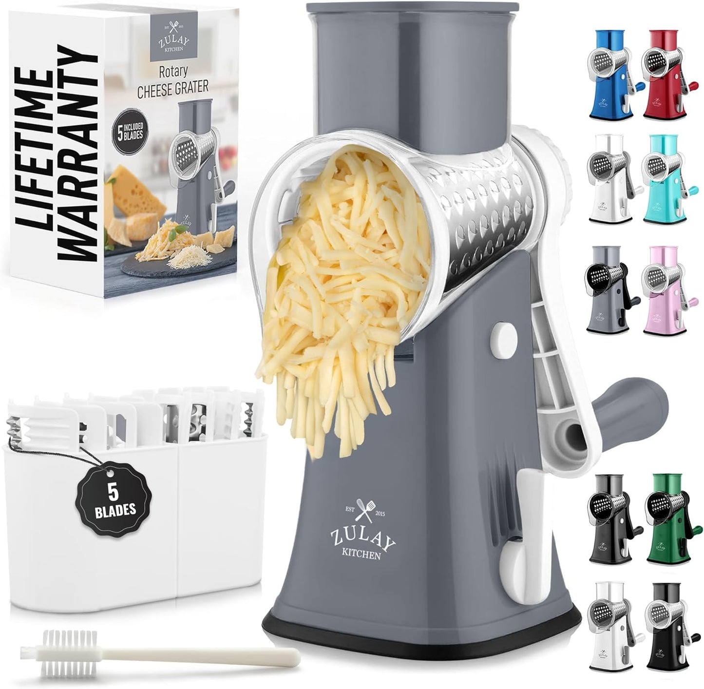 Kitchen Rotary Cheese Grater 5 Blade Cheese Shredder Manual Hand Crank Cheese Grater With Reinforced Suction & 5 Interchangeable Drums - Easy to Use, Vegetable Chopper Round Slicer