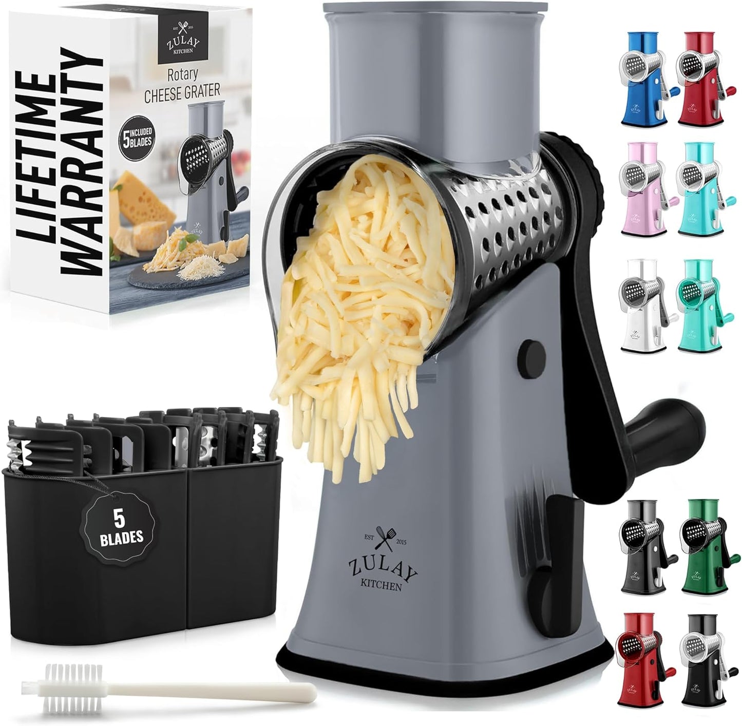 Kitchen Rotary Cheese Grater 5 Blade Cheese Shredder Manual Hand Crank Cheese Grater With Reinforced Suction & 5 Interchangeable Drums - Easy to Use, Vegetable Chopper Round Slicer
