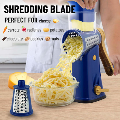 Kitchen Rotary Cheese Grater 5 Blade Cheese Shredder Manual Hand Crank Cheese Grater With Reinforced Suction & 5 Interchangeable Drums - Easy to Use, Vegetable Chopper Round Slicer