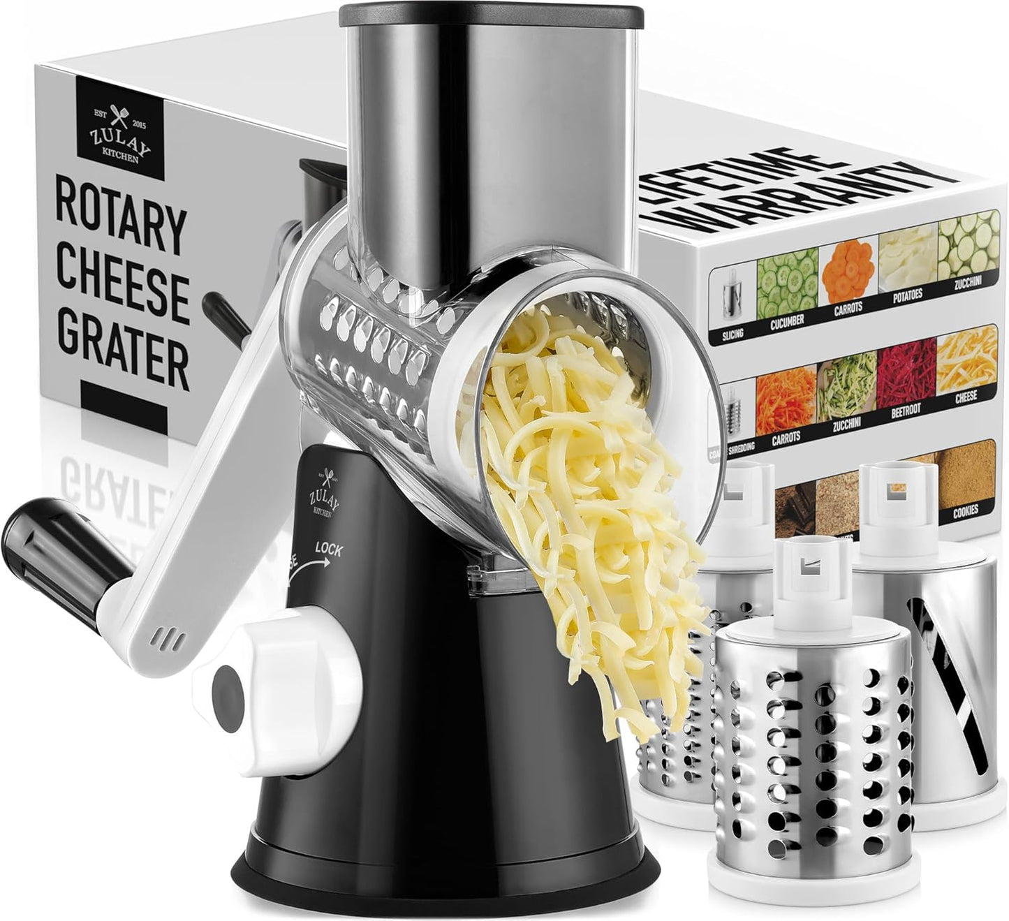Kitchen Rotary Cheese Grater 5 Blade Cheese Shredder Manual Hand Crank Cheese Grater With Reinforced Suction & 5 Interchangeable Drums - Easy to Use, Vegetable Chopper Round Slicer