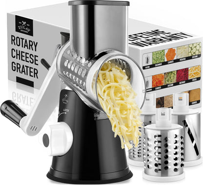 Kitchen Rotary Cheese Grater 5 Blade Cheese Shredder Manual Hand Crank Cheese Grater With Reinforced Suction & 5 Interchangeable Drums - Easy to Use, Vegetable Chopper Round Slicer