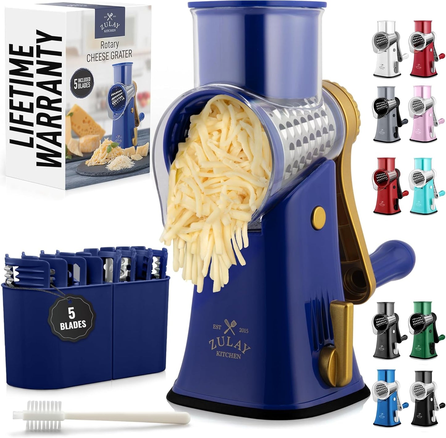 Kitchen Rotary Cheese Grater 5 Blade Cheese Shredder Manual Hand Crank Cheese Grater With Reinforced Suction & 5 Interchangeable Drums - Easy to Use, Vegetable Chopper Round Slicer