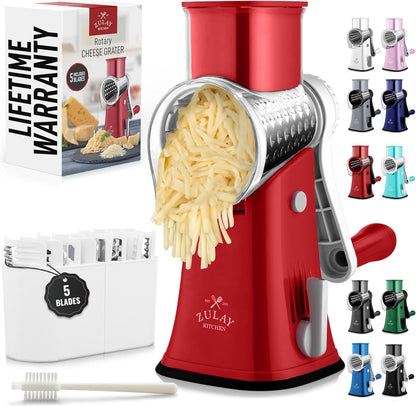 Kitchen Rotary Cheese Grater 5 Blade Cheese Shredder Manual Hand Crank Cheese Grater With Reinforced Suction & 5 Interchangeable Drums - Easy to Use, Vegetable Chopper Round Slicer