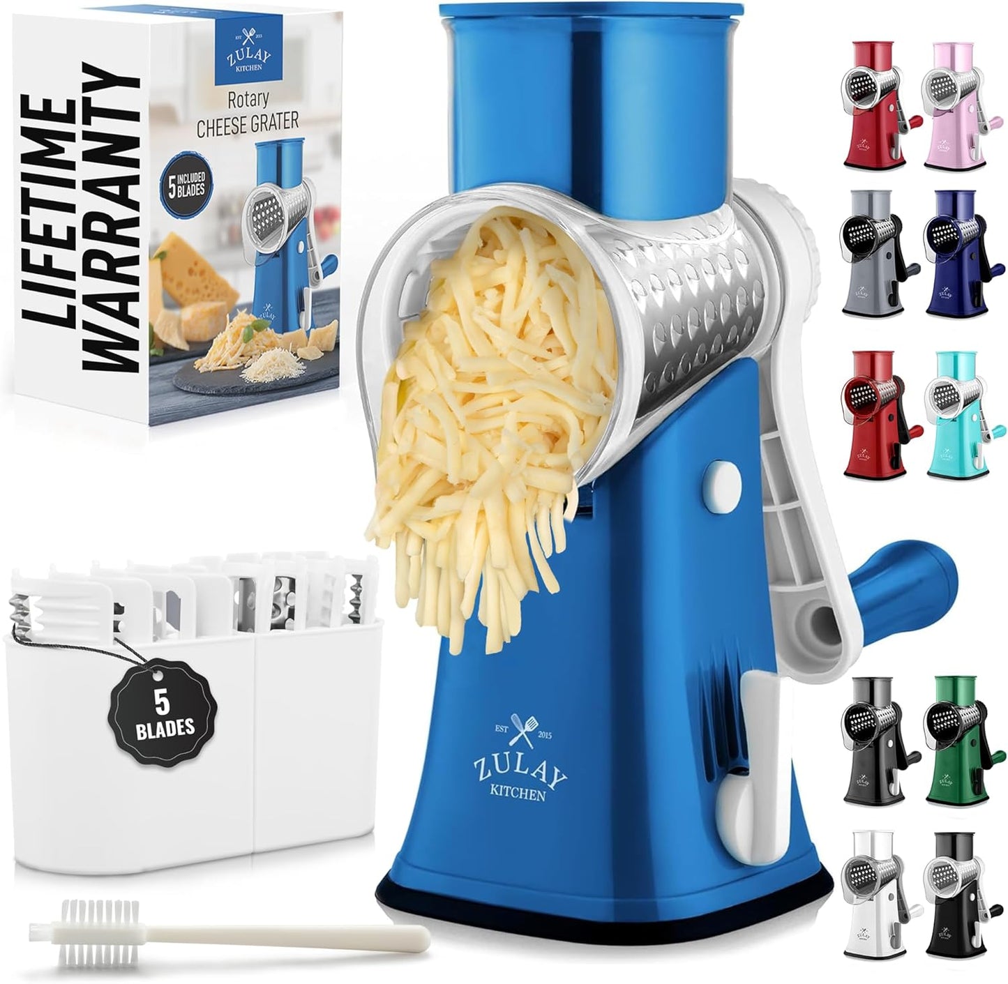 Kitchen Rotary Cheese Grater 5 Blade Cheese Shredder Manual Hand Crank Cheese Grater With Reinforced Suction & 5 Interchangeable Drums - Easy to Use, Vegetable Chopper Round Slicer