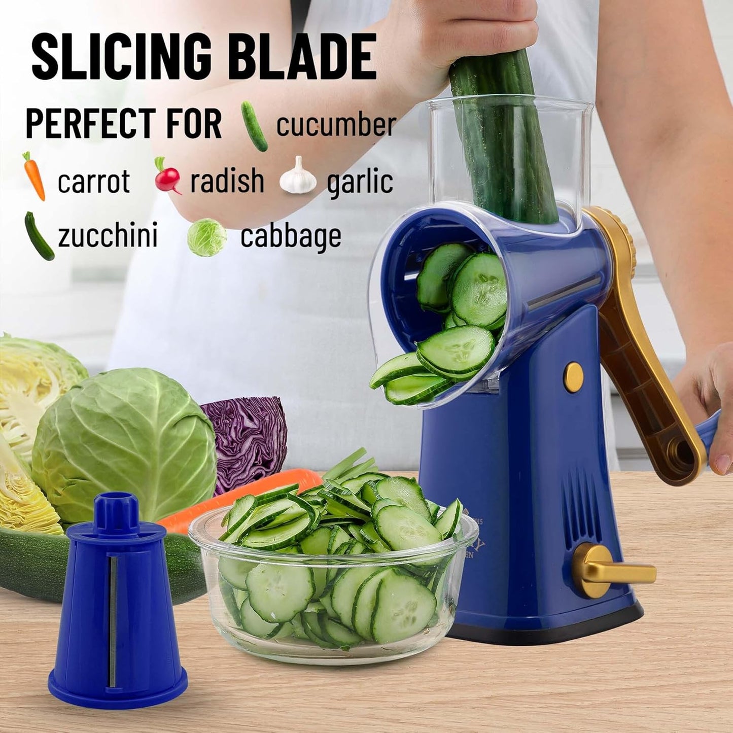 Kitchen Rotary Cheese Grater 5 Blade Cheese Shredder Manual Hand Crank Cheese Grater With Reinforced Suction & 5 Interchangeable Drums - Easy to Use, Vegetable Chopper Round Slicer