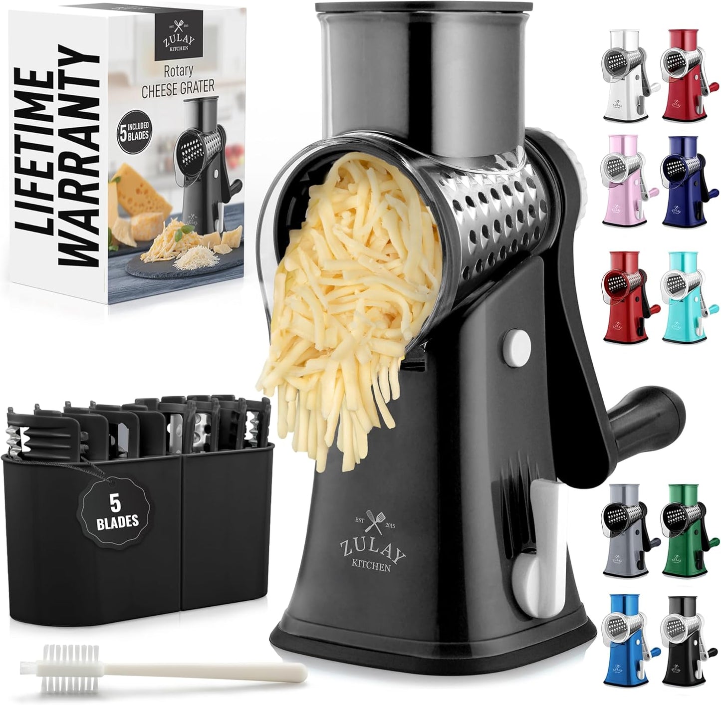 Kitchen Rotary Cheese Grater 5 Blade Cheese Shredder Manual Hand Crank Cheese Grater With Reinforced Suction & 5 Interchangeable Drums - Easy to Use, Vegetable Chopper Round Slicer
