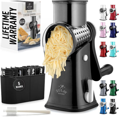 Kitchen Rotary Cheese Grater 5 Blade Cheese Shredder Manual Hand Crank Cheese Grater With Reinforced Suction & 5 Interchangeable Drums - Easy to Use, Vegetable Chopper Round Slicer
