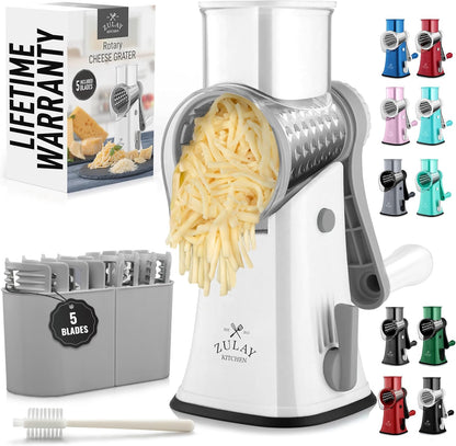 Kitchen Rotary Cheese Grater 5 Blade Cheese Shredder Manual Hand Crank Cheese Grater With Reinforced Suction & 5 Interchangeable Drums - Easy to Use, Vegetable Chopper Round Slicer