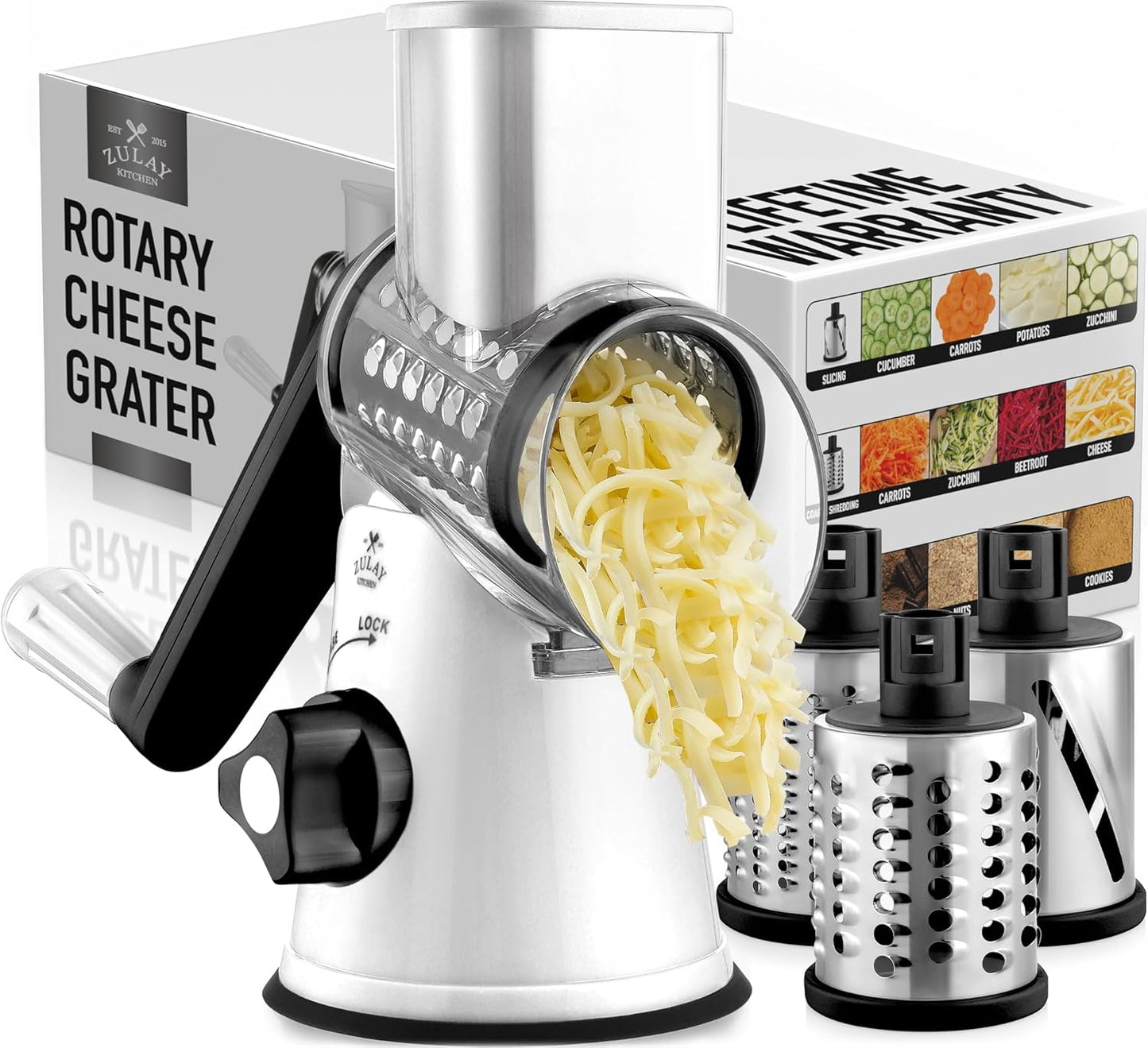 Kitchen Rotary Cheese Grater 5 Blade Cheese Shredder Manual Hand Crank Cheese Grater With Reinforced Suction & 5 Interchangeable Drums - Easy to Use, Vegetable Chopper Round Slicer