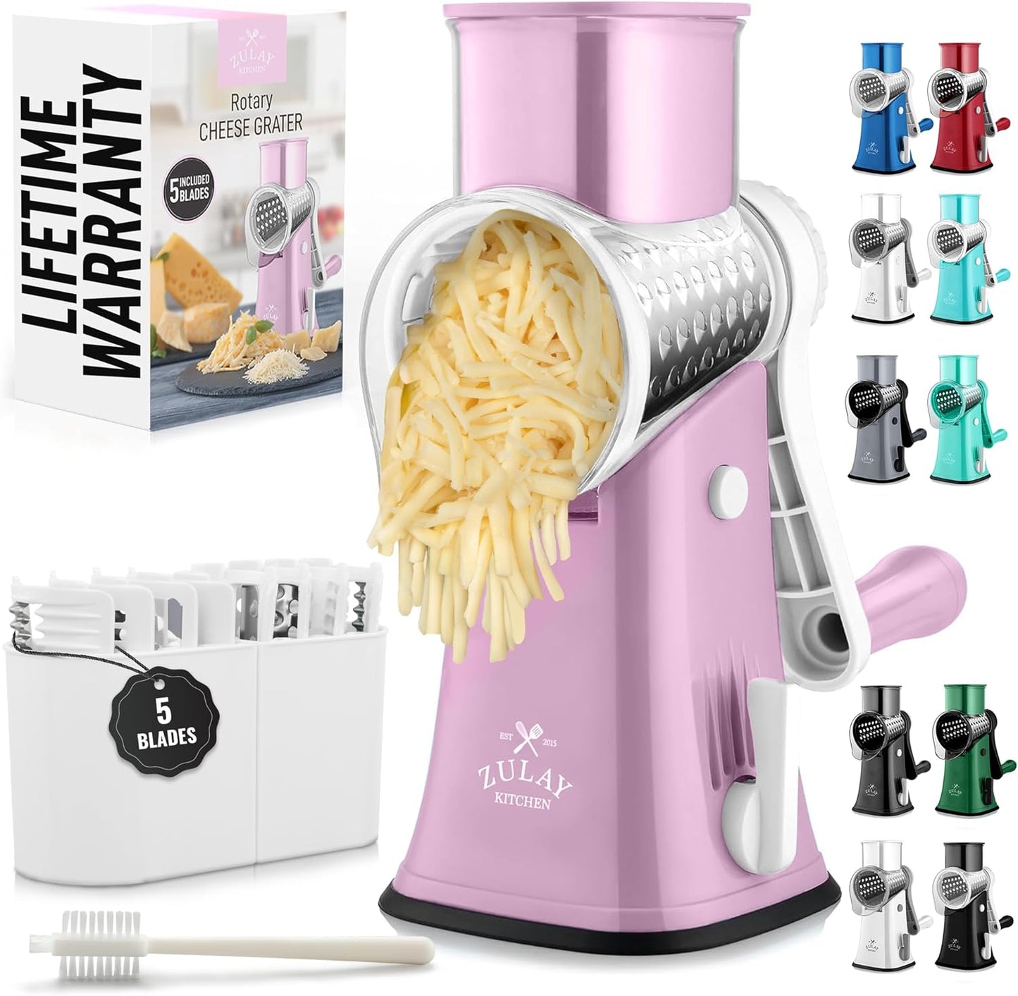 Kitchen Rotary Cheese Grater 5 Blade Cheese Shredder Manual Hand Crank Cheese Grater With Reinforced Suction & 5 Interchangeable Drums - Easy to Use, Vegetable Chopper Round Slicer