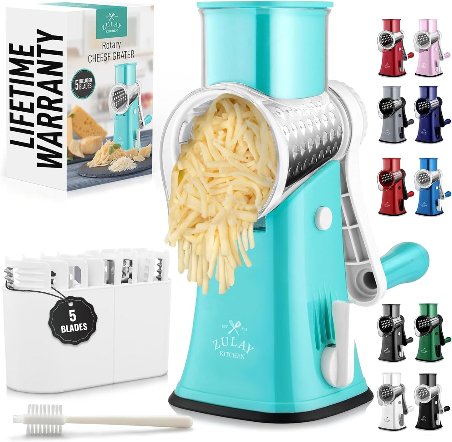 Kitchen Rotary Cheese Grater 5 Blade Cheese Shredder Manual Hand Crank Cheese Grater With Reinforced Suction & 5 Interchangeable Drums - Easy to Use, Vegetable Chopper Round Slicer