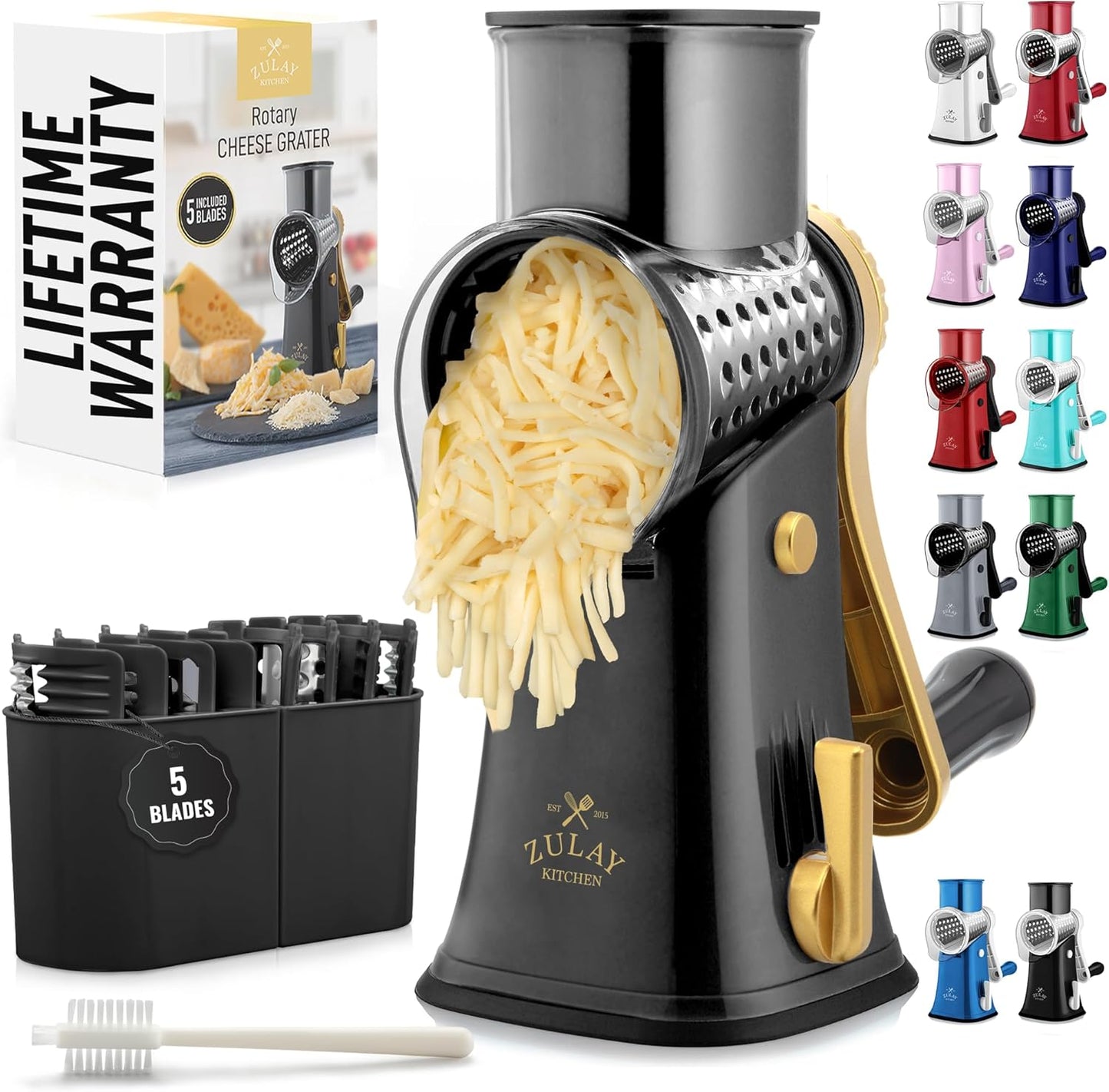 Kitchen Rotary Cheese Grater 5 Blade Cheese Shredder Manual Hand Crank Cheese Grater With Reinforced Suction & 5 Interchangeable Drums - Easy to Use, Vegetable Chopper Round Slicer